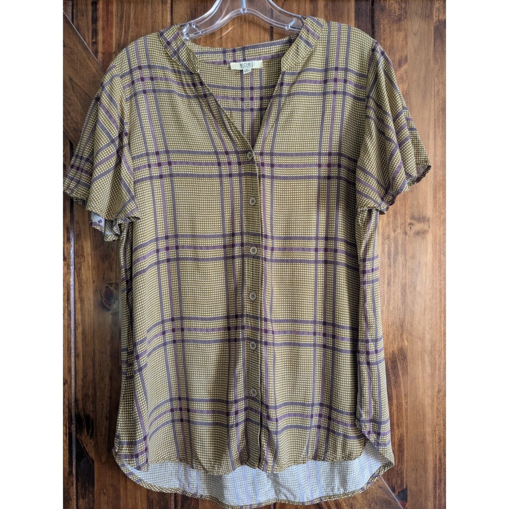 Kori America Gold Burgundy Plaid Flutter Sleeve Button Up Blouse Small